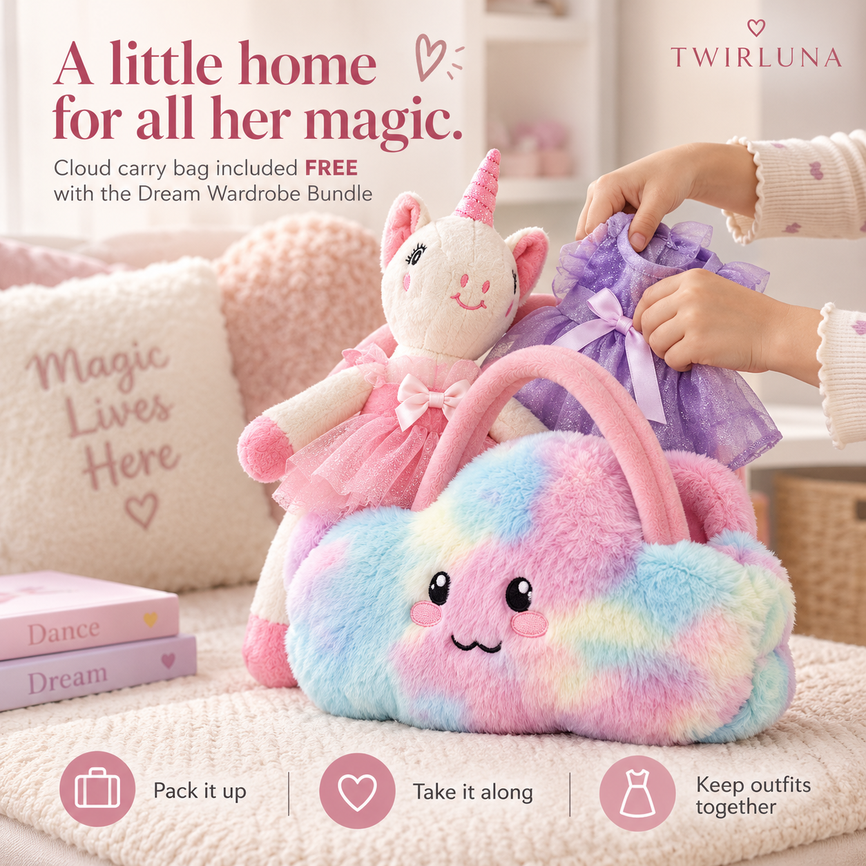 Unicorn and wardrobe packed together in the cloud carry bag