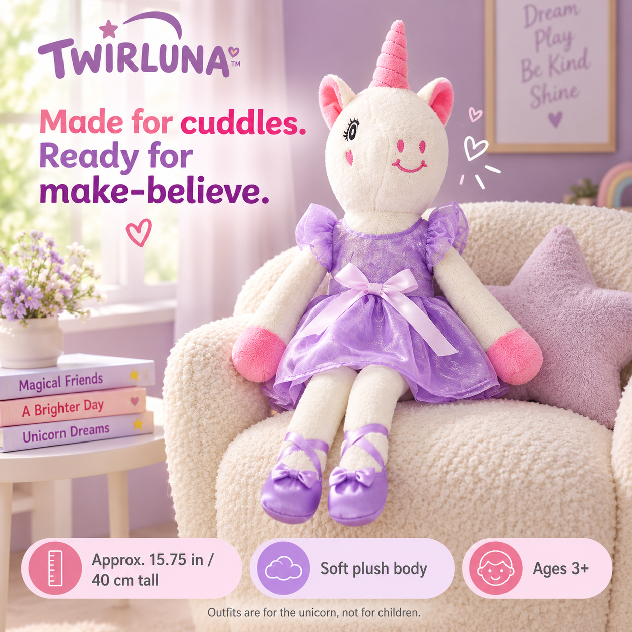Soft unicorn in lavender dress with size and age details